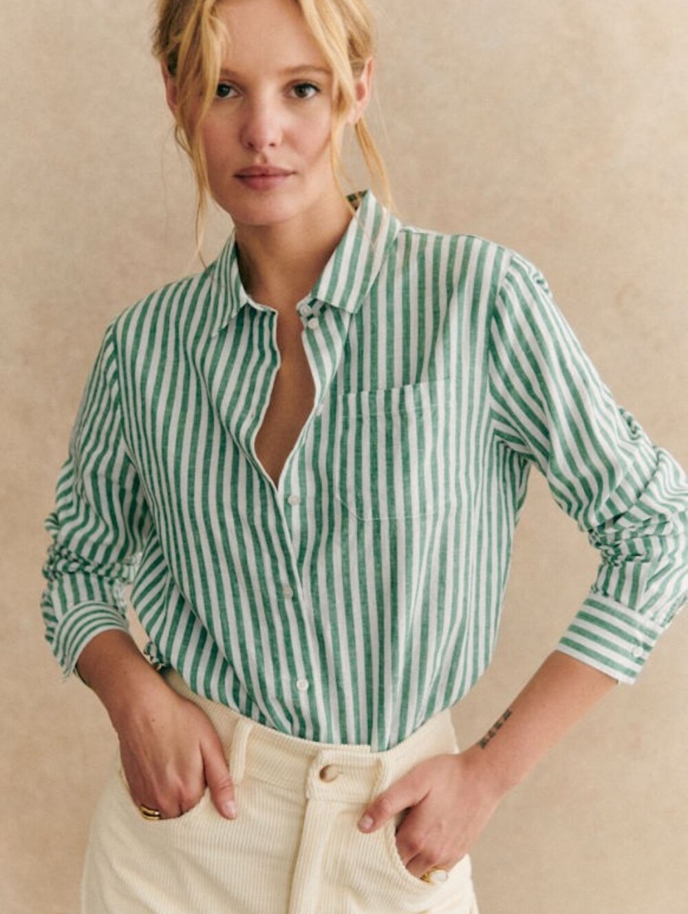 Sezane Tomboy Green & White Shirt